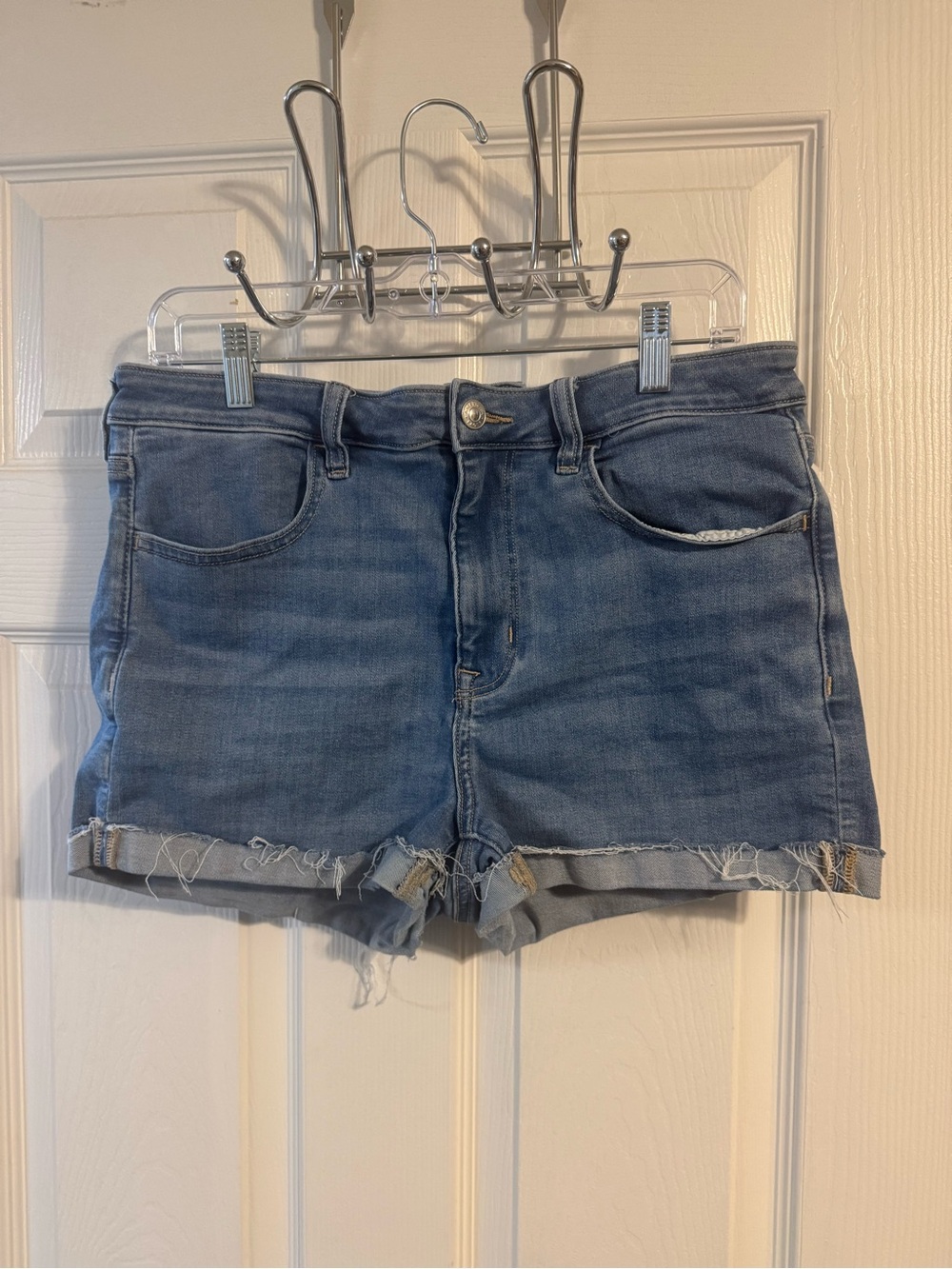 American Eagle Outfitters Mid Blue Frayed Hem Denim Shorts